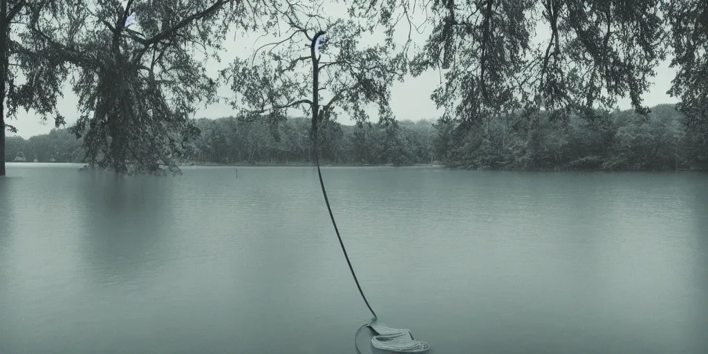 Prompt: symmetrical photograph of an infinitely long rope submerged on the surface of the water, the rope is snaking from the foreground towards the center of the lake, a dark lake on a cloudy day, trees in the background, moody scene, dreamy anamorphic lens