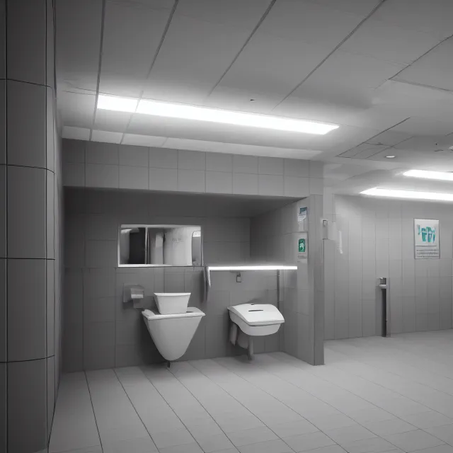 Prompt: a public restroom extending backwards infinitely, bright lighting, octane render, photorealistic, ultrawide shot