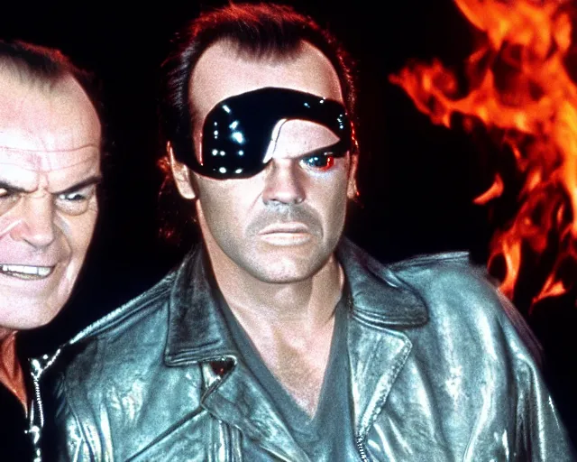 Image similar to Jack Nicholson plays Terminator wearing leather jacket and his endoskeleton is visible his eye glows red, walking out of flames
