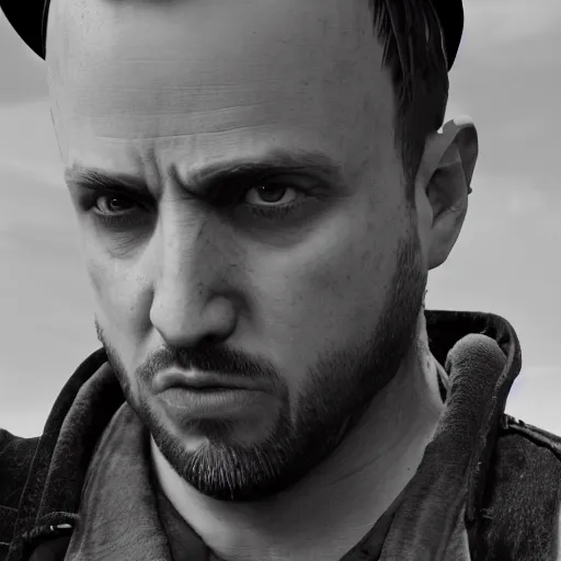 Prompt: jesse pinkman in red dead redemption 2, artstation, octane render, realistic, highly detailed, sharp focus, cinematic lighting, black and white, 4k