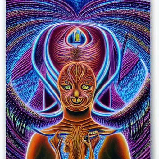 Image similar to cat having an ego trip, by alex grey