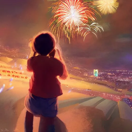 Prompt: girl watching watching fireworks on a hill, digital art, by ben weiner, richard estes, range murata, akiyuki shinbou, yoshitaka amano highly detailed, realistic, cinematic, bold colours, photorealism, 4 k, wide angle lens, trending on artstation