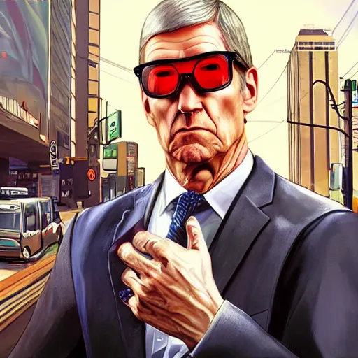 Image similar to tim cook in gta v, cover art by stephen bliss, boxart, loadscreen