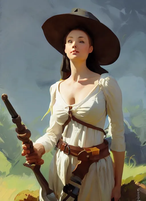 Image similar to portrait of finnish norway scandinavian attractive 1 7 th century maiden working in the field jodhpurs greg manchess painting by sargent and leyendecker, studio ghibli, fantasy, medium shot, asymmetrical, intricate, elegant, matte painting, illustration, hearthstone, by greg rutkowski, by greg tocchini, by james gilleard, by joe fenton