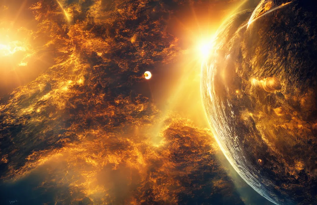 Prompt: the sun swallows the earth, digital art, cinematic, dramatic light, sharp focus, masterpiece, highly detailed
