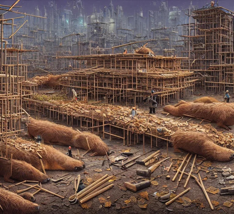 Image similar to photography hyperrealism concept art of highly detailed anthropomorphic beavers builders that building highly detailed futuristic city with sticks by hasui kawase and scott listfield sci - fi style hyperrealism