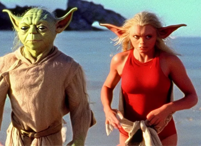 Image similar to a film still of yoda in baywatch 1 9 8 9