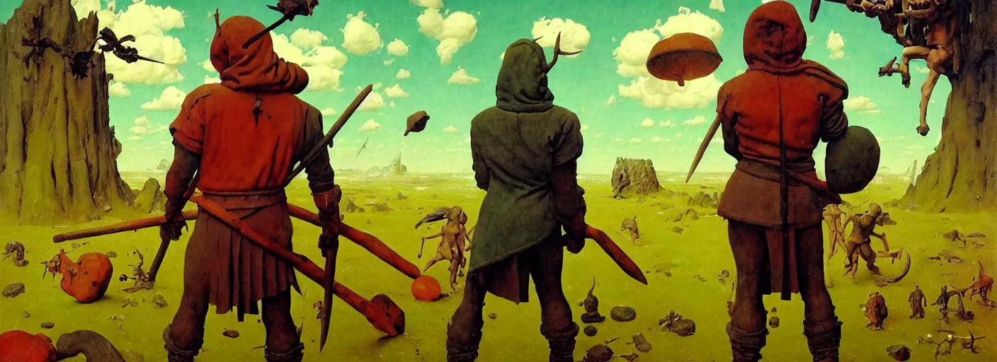 Image similar to full - body portrait surreal colorful clay fighting artstation rpg barbarian character concept art anatomy, action pose, very coherent and colorful high contrast masterpiece by norman rockwell franz sedlacek hieronymus bosch dean ellis simon stalenhag rene magritte gediminas pranckevicius, dark shadows, sunny day, hard lighting, reference sheet white! background