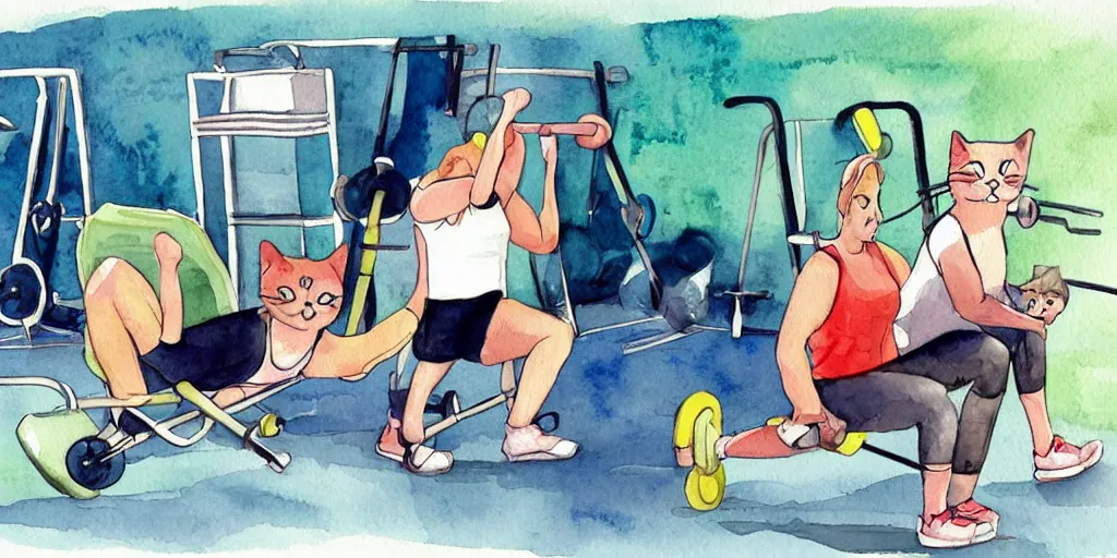 Image similar to watercolor illustration style, cute! cats!! training in the fitness studio with sports equipment!