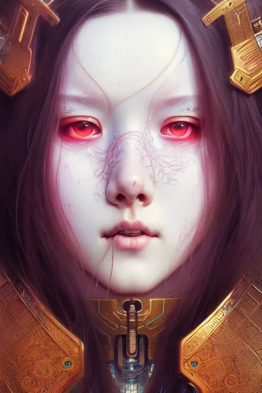 Prompt: portrait painting of olivia hye loona cyberpunk samurai smiling, ultra realistic, concept art, intricate details, eerie, highly detailed, photorealistic, octane render, 8 k, unreal engine. art by artgerm and greg rutkowski and magali villeneuve and alphonse mucha