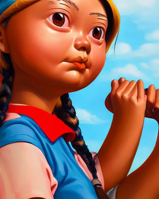 Prompt: closeup profile portrait of a tin toy greta thunberg as a schoolgirl, bikini, hyper realistic, artstation, illustration, salvidor dali, digital paint, matte paint, vivid colors, bright, cheerful, detailed and intricate anime school environment