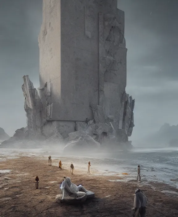 Image similar to surreal romantic prometheus inverted architecture white exploration base, ochre ancient palette, building architecture by ruan jia, futuristic, blame, white architecture in the beach in iceland, foggy, highly detailed, digital painting, arstation, concept art, hyperealistic octane render, unreal engine