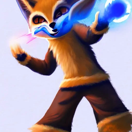 Image similar to An anthropomorphic fennec character from the furry fandom wearing a blue sweatshirt and holding fireballs in a fighting pose, digital painting, artstation, furry fandom, furaffinity