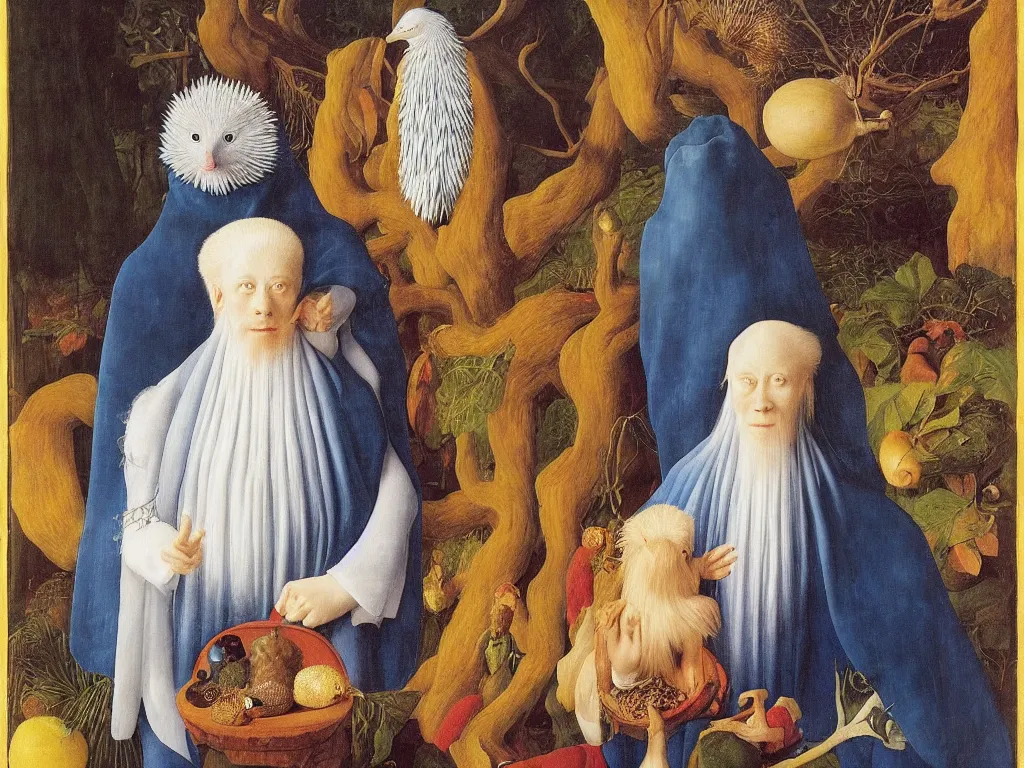 Image similar to Portrait of albino mystic with blue eyes, with exotic beautiful hedgehog. Painting by Jan van Eyck, Audubon, Rene Magritte, Agnes Pelton, Max Ernst, Walton Ford