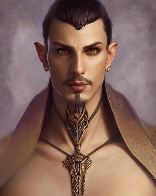 Prompt: portrait of a handsome male dark elf, fantasy, frank herbert, intricate, elegant, highly detailed, digital painting, artstation, concept art, sharp focus, illustration, art by artgerm and greg rutkowski and alphonse mucha