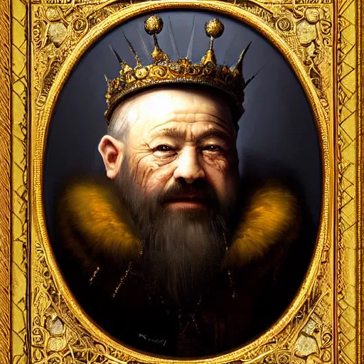 Prompt: high quality oil painting portrait of dwarf king with iron crown and long beard by Rembrandt and Raymond Swanland, dark background, perfect lighting