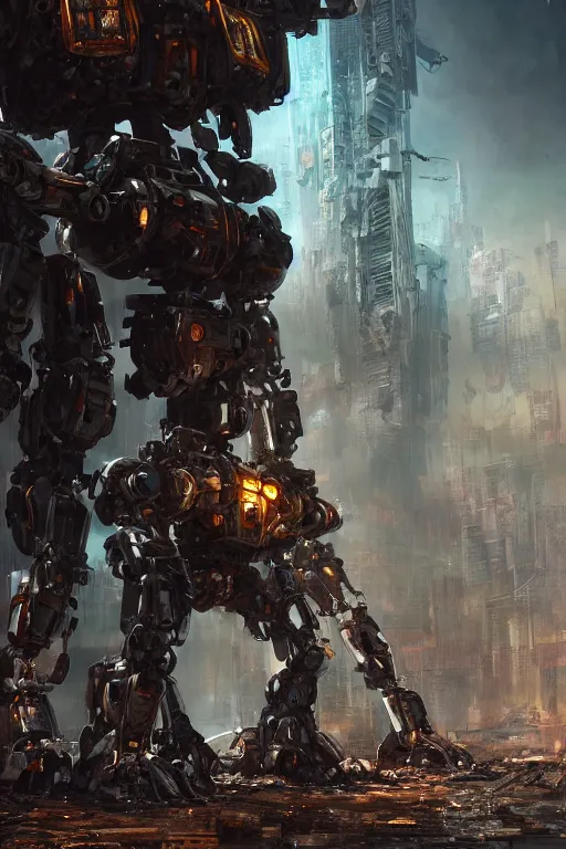 Prompt: a futurecore boxing humanoid mecha in ruin city, bright, by real steel ( 2 0 1 1 ), sharp focus, eve venture, raymond swanland, cryengine, post apocalyptic, mechanical structure, unreal engine 5, 8 k realistic, hyper detailed, bright, background by greg rutkowski,, digital painting, concept art, dof