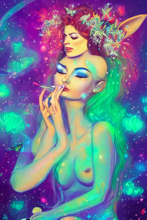 Image similar to psychedelic, digital painting, 4k, illustration, beautiful seductive woman with fox ears smoking weed, with professional makeup, long trippy hair, a crystal and flower dress, sitting on bed of crystals, surrounded by gems, underneath the stars, rainbow fireflies, trending on patreon, deviantart, twitter, artstation, volumetric lighting, heavy contrast, art style of Greg Rutkowski and artgerm and alphonse mucha