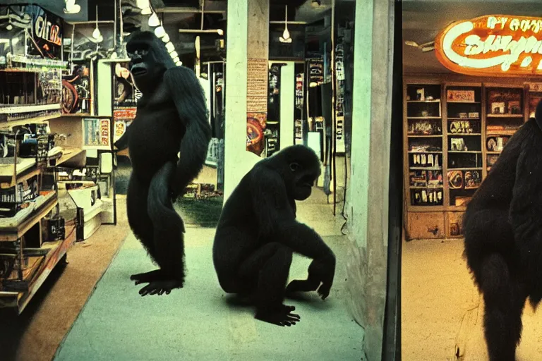 Prompt: Large gorilla shopping, inside of a 1970s music store store, neon lights, dirty, ektachrome photograph, volumetric lighting, f8 aperture, cinematic Eastman 5384 film