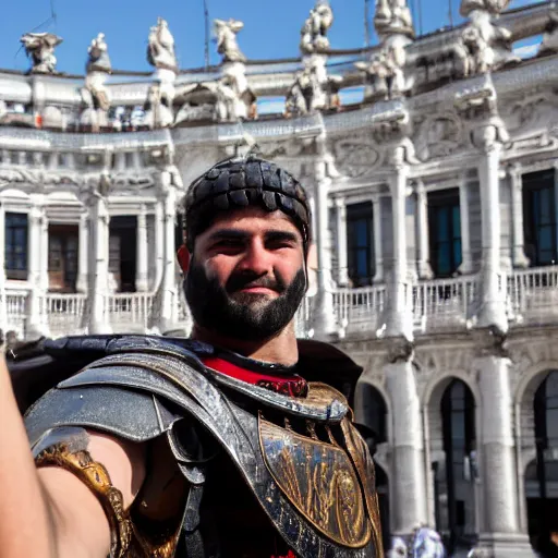 Prompt: a roman legionnaire taking a selfie in plaza cibeles, madrid