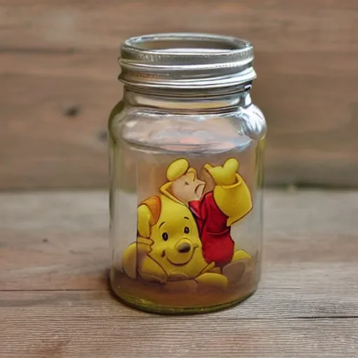 Image similar to a tiny winnie the pooh head = a jar of honey, surreal, realism