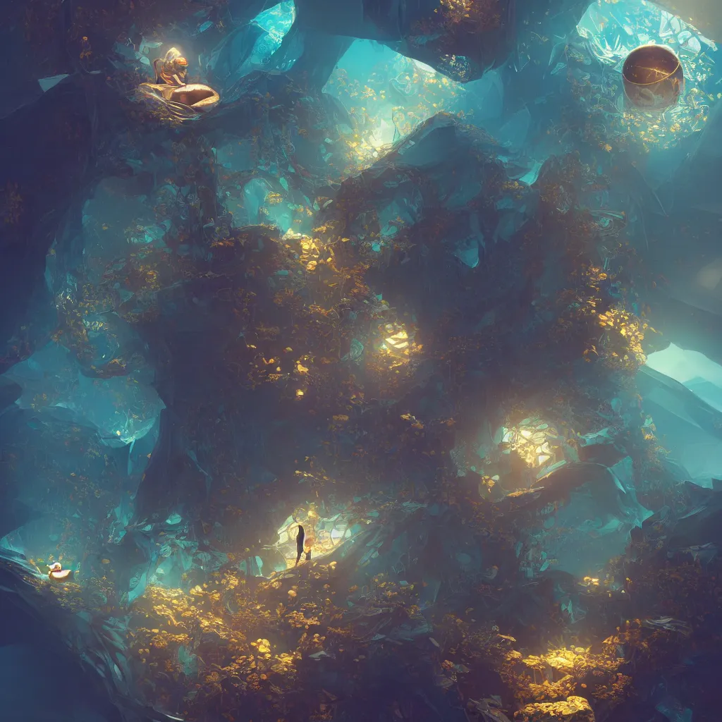 Prompt: within a flower the whole and finite capsule apparent with awe the apparition, an idea seep's into infinity highly detailed in volumetric void of latent space, golden turquoise steampunk, axonometric high contrast cinematic light, mystical shadows, sharp focus, divine realm of gods, octane render, artist by greg rutkowski,