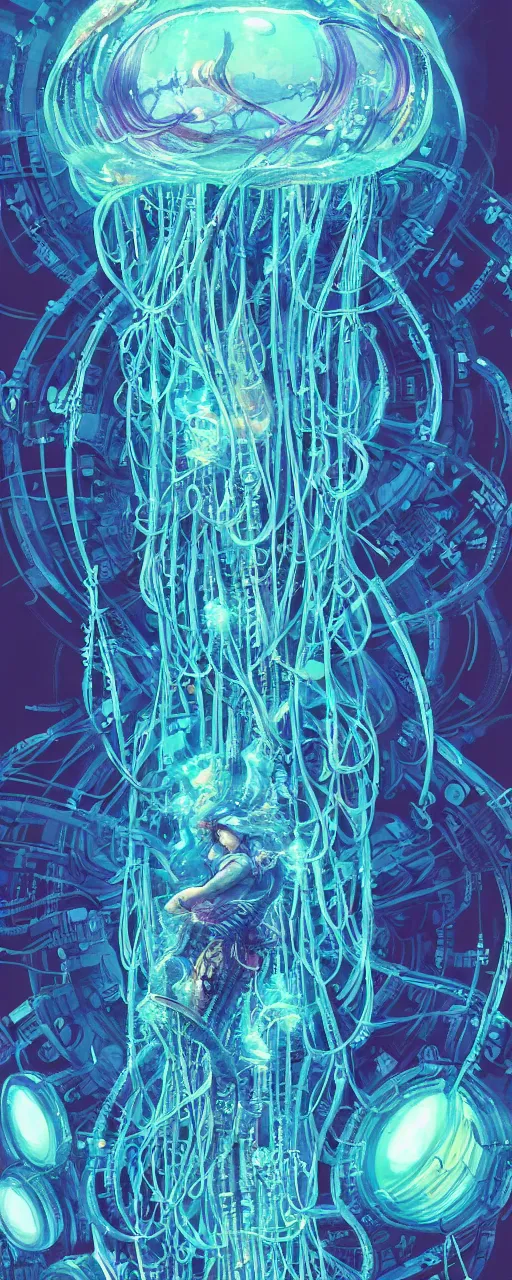 Image similar to a hyper detailed painting of a cyberpunk jellyfish, cables everywhere, blue tones, underwater, highly detailed, digital painting, artstation, concept art, smooth, sharp focus, illustration, art by artgerm and greg rutkowski and alphonse mucha