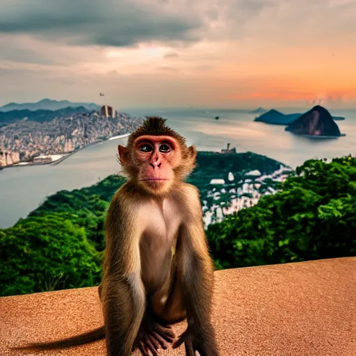 Image similar to high quality portrait of a monkey in front of Christ The Redeemer, studio photograph, photograph, realistic photo, 8k photo, 4k photo, stock photo, high resolution, cinematic shot, high detail