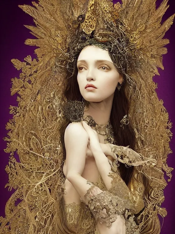 Prompt: a fashion portrait render of a fallen angel veiled with symmetry intricate detailed,dramatic headdress with intricate fractals of flowers,tassels,by Daveed Benito and Lawrence Alma-Tadema and Billelis and Enchanted doll and aaron horkey and peter gric,trending on pinterest,hyperreal,jewelry,gold,intricate,maximalist,golden ratio,cinematic lighting