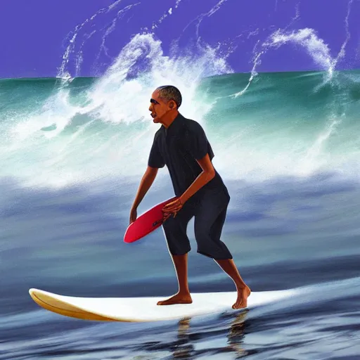 Image similar to barack obama surfing in rough surf with drink in hand, realistic, high detail, volumetric lighting