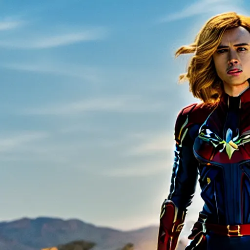 Prompt: film still of Scarlett Johansson as Captain Marvel in Captain Marvel