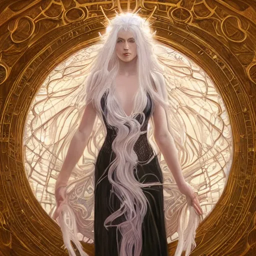 Image similar to goddess, white hair, long hair, hands open for a hug, intricate, elegant, ethereal, highly detailed, digital painting, artstation, concept art, smooth, sharp focus, illustration, art by artgerm and greg rutkowski and alphonse mucha