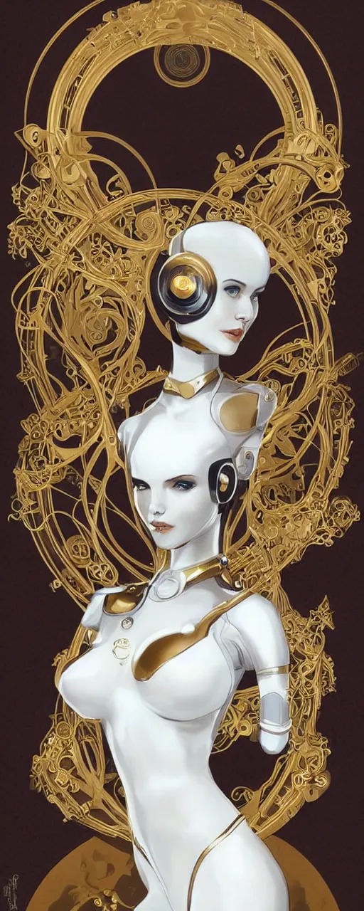 Prompt: beauty art nouveau woman, White and gold robotic, trending on artstation, by Artgerm