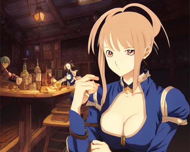 Image similar to anime visual, portrait of a young female in a busy fantasy medieval tavern interior at night, face by yoh yoshinari, murata range, last exile, blue submarine no 6, dynamic pose, dynamic perspective, detailed silhouette, cel shaded anime, seven deadly sins anime, anime artbook, anime cels, matte color, intricate, detailed