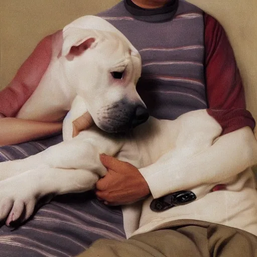 Image similar to tired white pitbull puppy curled up on a japanese man's lap, highly detailed painting, cozy aesthetic