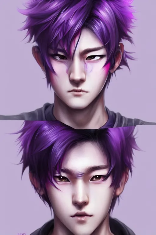 Image similar to gorgeous!!! hyper - realistic teenager boy with purple hair, purple eyes with red eye markets, wearing combat japanese clothes, holding a fan | drawn by wlop, drawn by jeehyung lee, drawn by artgerm | intricate, highly detailed, digital painting, character design, concept art, illustration, artstation