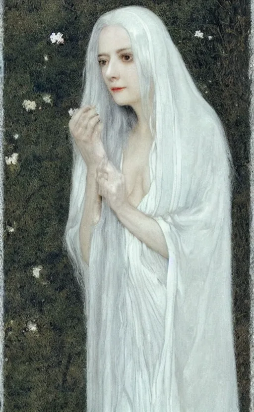 Image similar to say who is this with silver hair so pale and wan! and thin? flowing hair covering front of body, white robe, white dress!! of silver hair, covered!!, clothed!! lucien levy - dhurmer, fernand keller, fernand khnopff, oil on canvas, 1 8 9 6, 4 k resolution, aesthetic, mystery