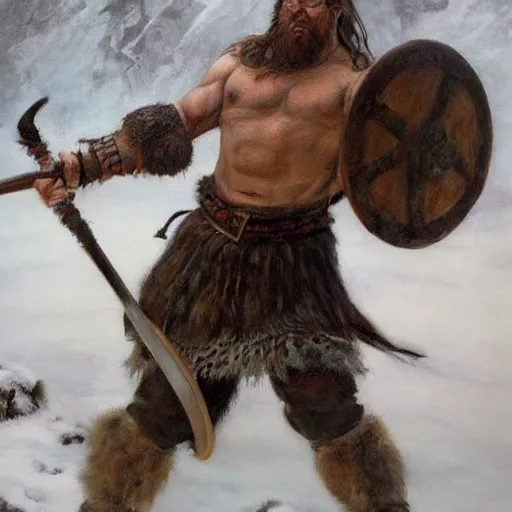 Prompt: full body realistic painting of viking barbarian, winter, epic, steve huston style newell convers wyeth