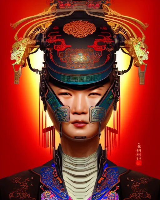 Image similar to portrait of a chinese cyberpunk machine, machine face, upper half portrait, decorated with chinese opera motifs, regal, asian, fine china, wuxia, traditional chinese art intricate intense elegant 京 剧 highly detailed digital painting artstation concept art smooth sharp focus illustration, art by artgerm and greg rutkowski alphonse mucha 8 k