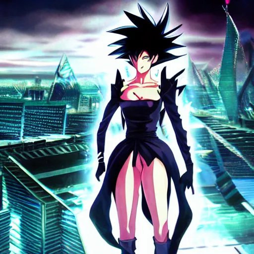 Prompt: 1 7 - year - old black haired anime goth girl wearing gothic jacket, spiky hair, super saiyan aura, psychi powers, floating above roof, futuristic city in background, 2 0 0 1 anime, subsurface scattering, intricate details, art by toei, art by studio gainax, studio trigger art, anime screenshot