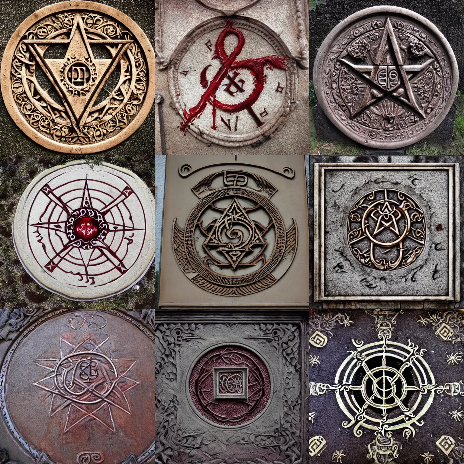 Prompt: intricate detailed large fantasy occult symbol written in blood on tombstone