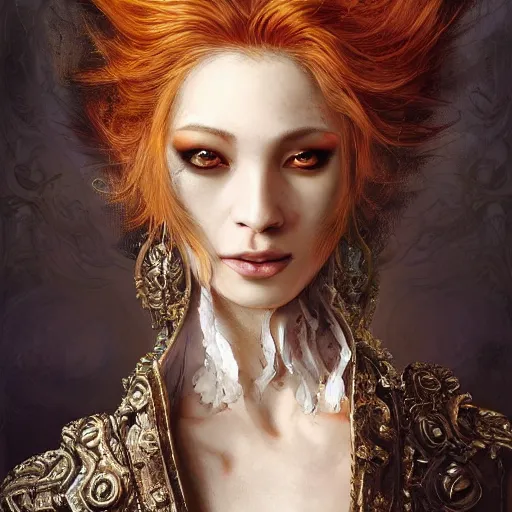 Image similar to portrait, headshot, insanely nice professional hair style, dramatic hair color, digital painting, of a old 17th century, old cyborg merchant, amber jewels, baroque, ornate clothing, scifi, realistic, hyperdetailed, chiaroscuro, concept art, art by Franz Hals and Jon Foster and Ayami Kojima and Amano and Karol Bak,