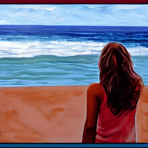 Image similar to girl looking at the ocean waves, Leon Bosko style