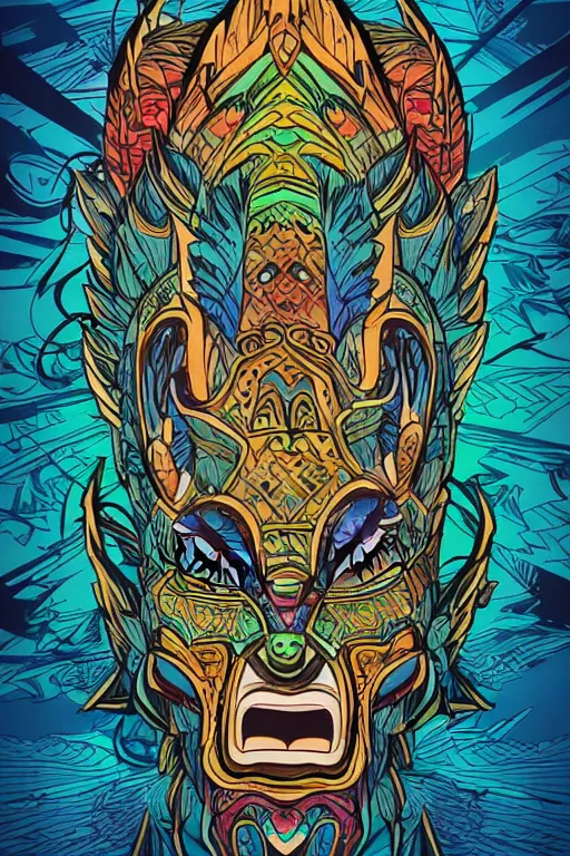 Image similar to totem animal mask tribal feather gemstone plant wood rock shaman vodoo video game vector illustration vivid multicolor borderlands comics by josan gonzales and dan mumford radiating a glowing aura