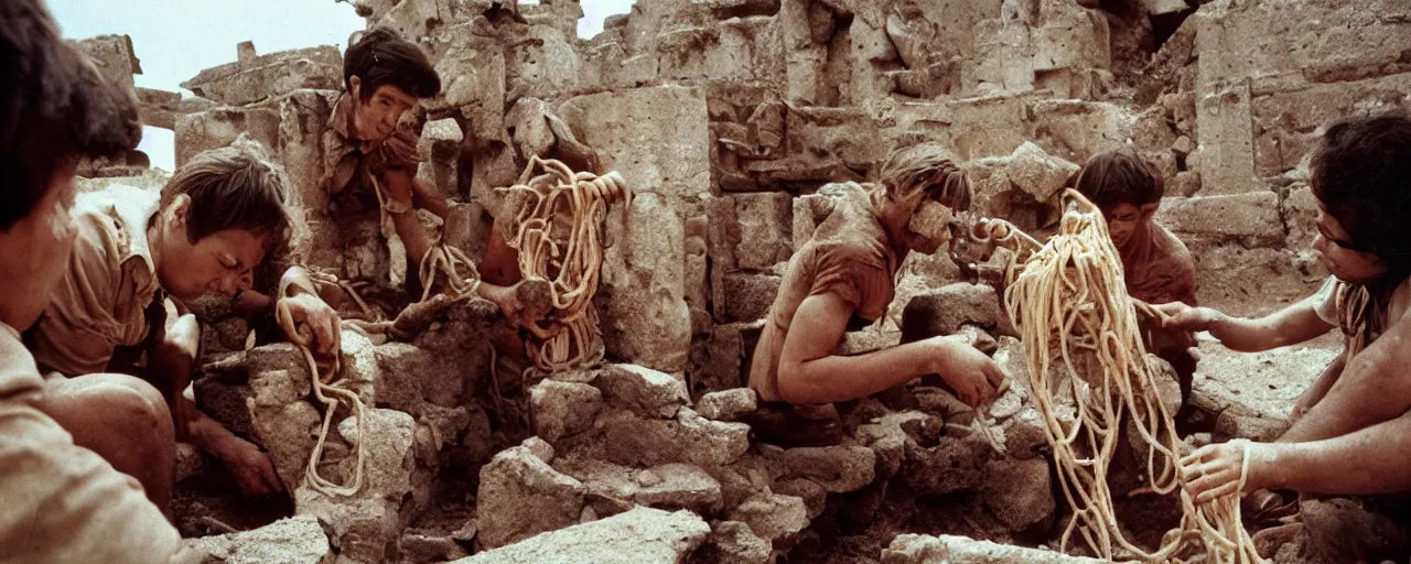 Image similar to archaeologists discovering ancient ruins of spaghetti, canon 5 0 mm, high detailed face, facial expression, cinematic lighting, photography, retro, film, kodachrome