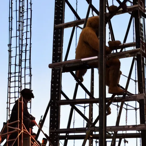 Prompt: man bear rigging a stage on a scaffold