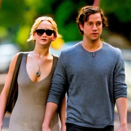 Image similar to Jennifer Lawrence and Jennifer Lawrence walking down the street, holding hands, smiling, soft focus, medium shot,