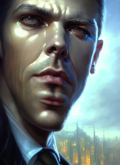 Image similar to closeup portrait shot of a male private detective in a scenic cyberpunk environment, intricate, elegant, highly detailed, centered, digital painting, artstation, concept art, smooth, sharp focus, illustration, artgerm, tomasz alen kopera, peter mohrbacher, donato giancola, joseph christian leyendecker, wlop, boris vallejo