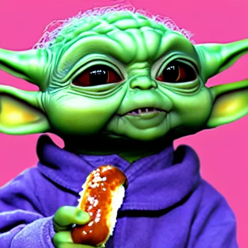 Prompt: hyper realistic baby Yoda eating hot-dog,detalied,