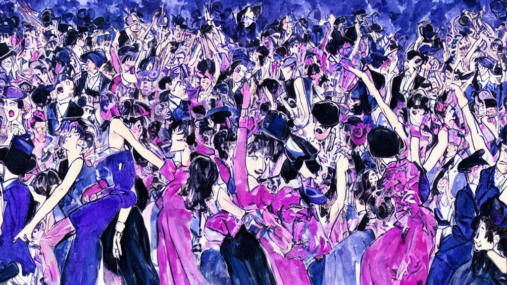 Prompt: detailed illustration of the front row of a concert seen from the front composed of fashionably dressed people dancing, dark blue and intense purple color palette, in the style of yoshiyuki tomino